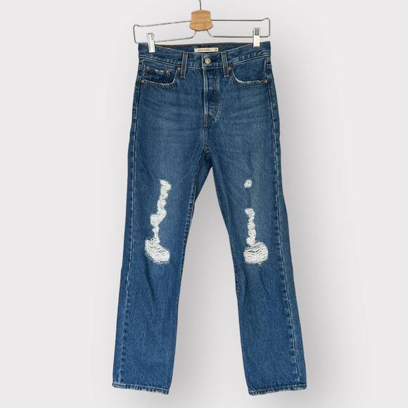 Levis Premium Wedgie Straight Jeans Women's 26 Button Fly Blue Wash Distressed - Picture 2 of 13